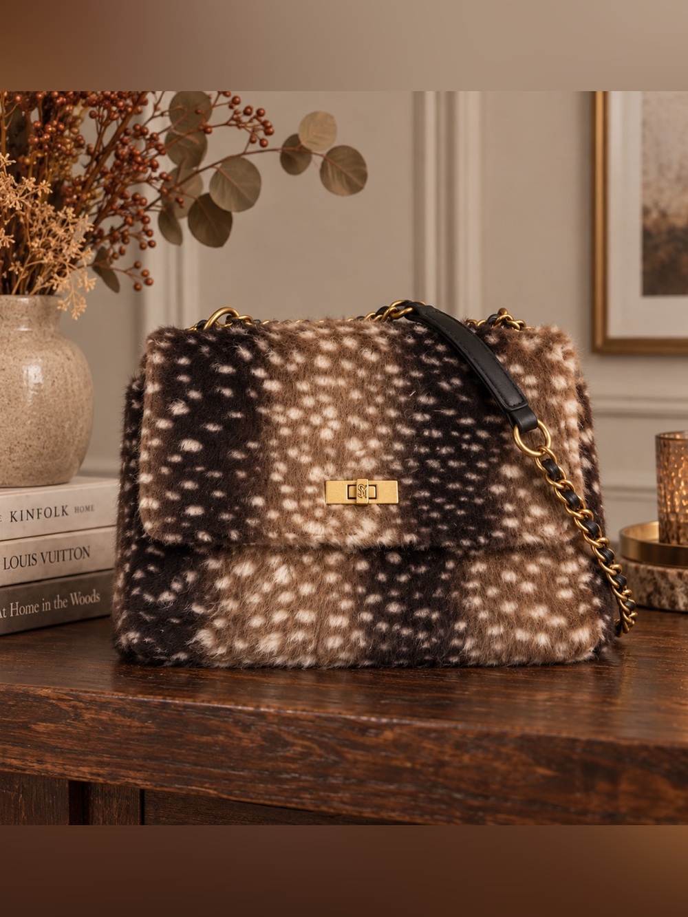Steve Madden BKOLMAN Faux Fur Bag Brown Dappled Deer/Fawn Print NWT Bambi Luxe